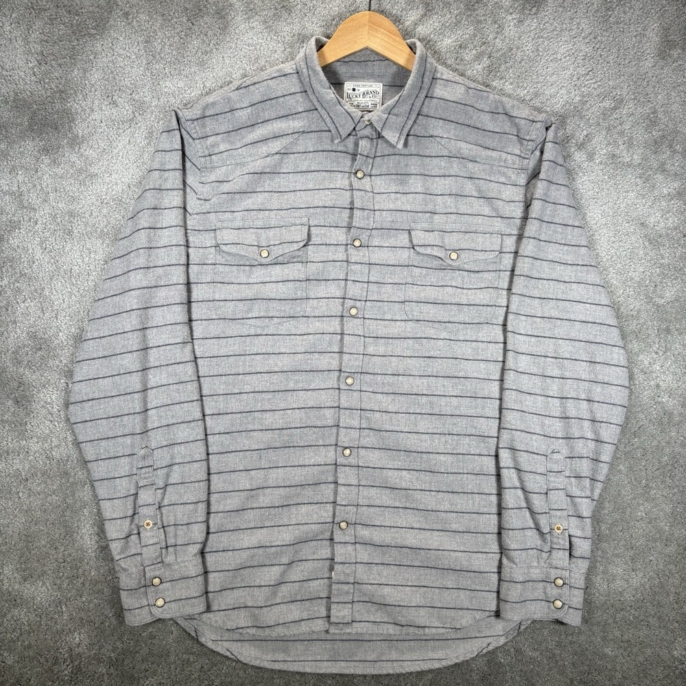 Lucky Brand Pearl Snap Shirt Mens XL Gray Striped Flannel Lightweight Western